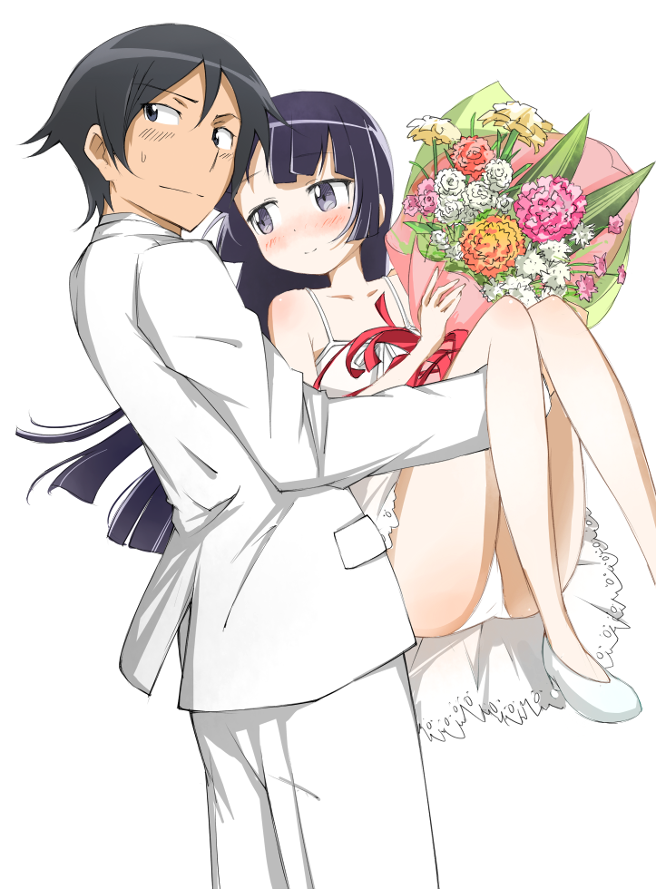 1girl black_eyes black_hair blue_eyes blush dress flower gokou_ruri hime_cut hiramatsu_hideki kousaka_kyousuke mole ore_no_imouto_ga_konna_ni_kawaii_wake_ga_nai panties princess_carry sweatdrop tuxedo underwear wedding_dress white_background white_panties