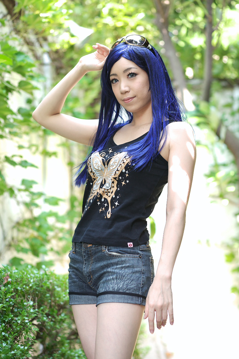 blue_hair cosplay denim kuga_natsuki mai_hime miyuki photo shorts sunglasses tank_top