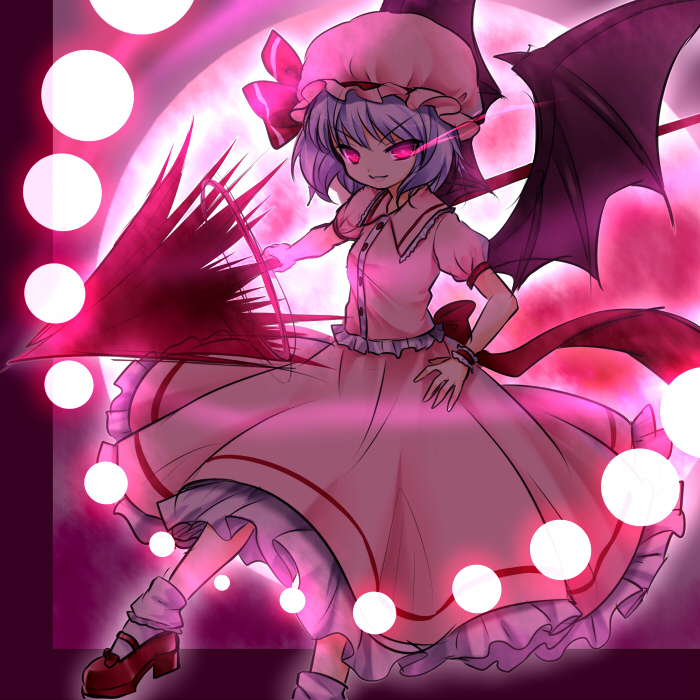 1girl bat_wings bobby_socks border bow danmaku full_moon glowing glowing_eyes grin hat hat_ribbon hikataso lavender_hair mary_janes mob_cap moon parted_lips puffy_short_sleeves puffy_sleeves red_eyes red_moon remilia_scarlet ribbon shoes short_hair short_sleeves skirt skirt_set smile socks solo spear_the_gungnir touhou wings wrist_cuffs