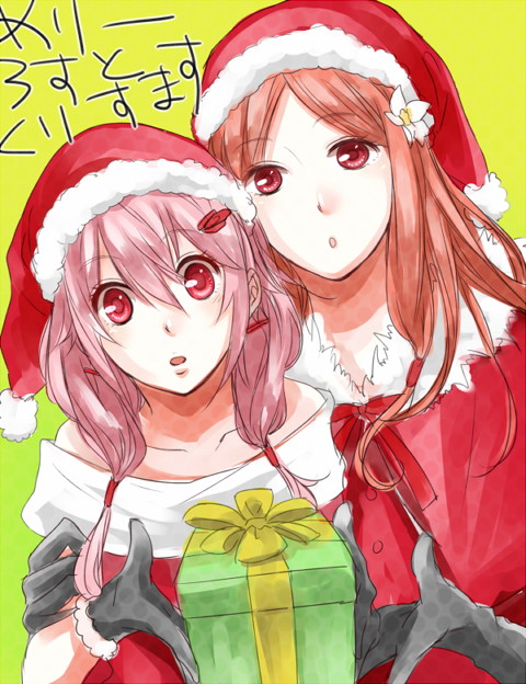 2girls bare_shoulders box gift gift_box gloves guilty_crown hair_ornament hairclip hat long_hair multiple_girls ouma_mana pink_hair red_eyes santa_hat twintails winter_clothes yoma yuzuriha_inori