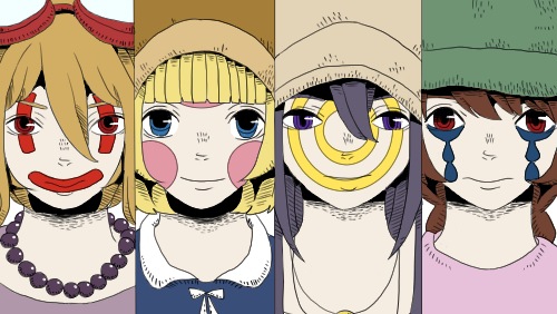 4girls ayukae bangs beads blue_eyes blunt_bangs braid cabbie_hat casual crossover donut_hole_(vocaloid) dress face facepaint goggles goggles_on_head hat lineup looking_at_viewer lowres madotsuki multiple_girls red_eyes smile sometsuki twin_braids ultraviolet urotsuki usotsuki violet_eyes vocaloid yume_2kki yume_nikki yume_nisshi