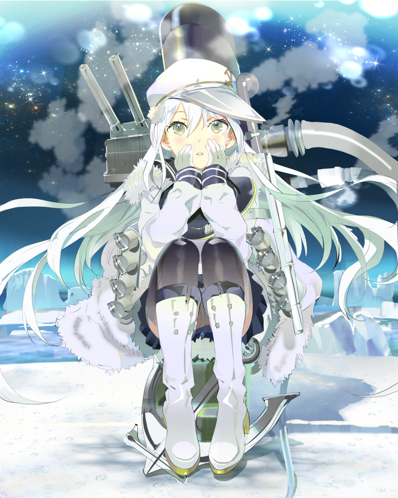 119 1girl black_legwear boots fur_trim gloves hammer_and_sickle hands_on_own_cheeks hands_on_own_face hat hibiki_(kantai_collection) kantai_collection knee_boots long_hair looking_at_viewer panties pantyshot pantyshot_(sitting) parted_lips personification pleated_skirt school_uniform serafuku silver_hair sitting skirt solo tagme thighhighs underwear verniy_(kantai_collection) winter_clothes