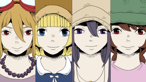 4girls ayukae bangs beads blue_eyes blunt_bangs braid cabbie_hat casual crossover donut_hole_(vocaloid) dress face goggles goggles_on_head hat lineup looking_at_viewer lowres madotsuki multiple_girls red_eyes smile sometsuki twin_braids ultraviolet urotsuki usotsuki violet_eyes vocaloid yume_2kki yume_nikki yume_nisshi