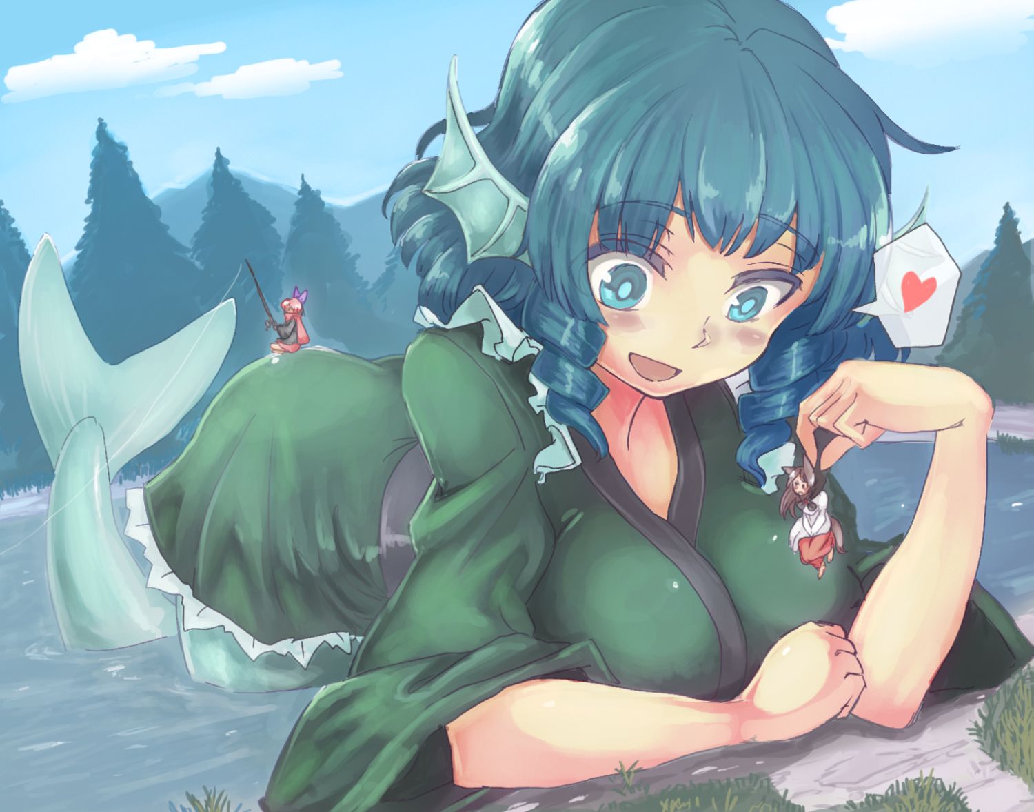 3girls animal_ears blue_eyes blue_hair blush bow brooch brown_hair cape curly_hair dress fishing giantess head_fins heart imaizumi_kagerou japanese_clothes jewelry long_hair long_sleeves mermaid monster_girl multiple_girls obi open_mouth redhead sash sekibanki short_hair smile spoken_heart tail touhou utopia wakasagihime water wolf_ears