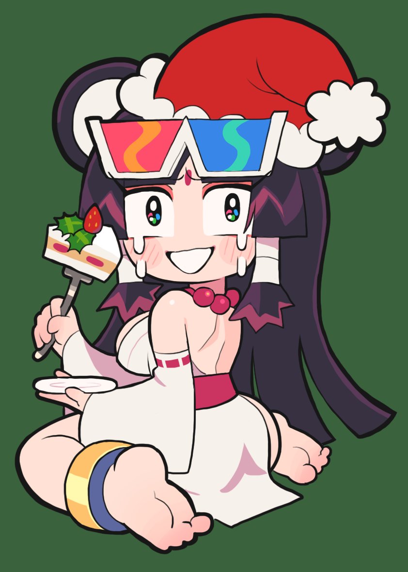 1girl 3d_glasses barefoot black_hair blush breasts cake cake_slice christmas detached_sleeves eiga_daimyoujin food fork from_behind fruit full_body gashi-gashi green_background hat long_hair looking_at_viewer looking_back medium_breasts no_nose original parted_lips plate red_ribbon ribbon ribbon_trim santa_hat simple_background sitting smile solo strawberry strawberry_shortcake tears wariza