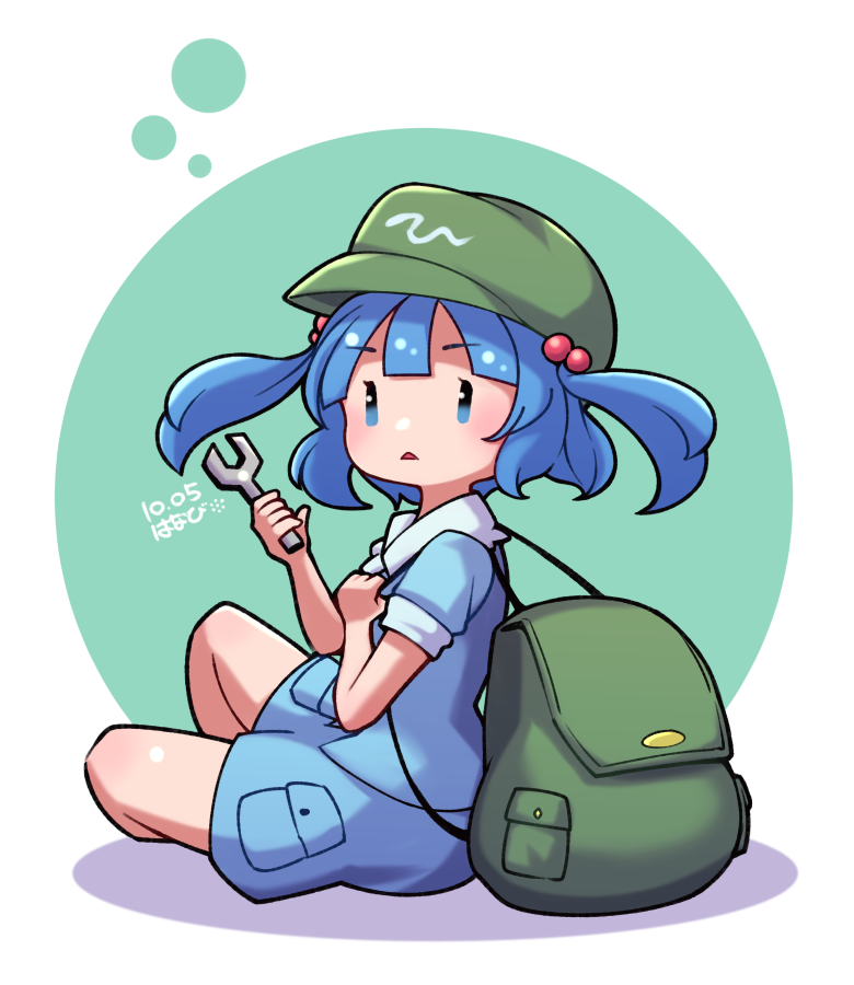 1girl artist_name backpack bag bangs blue_eyes blue_hair blue_shirt blue_shorts blush circle commentary dated dated_commentary english_commentary eyebrows_visible_through_hair from_side full_body green_bag green_headwear hair_bobbles hair_ornament hand_up hat holding holding_strap holding_wrench kawashiro_nitori open_mouth pocket puffy_short_sleeves puffy_sleeves shirt short_hair short_sleeves shorts signature simple_background sitting solo thighs touhou triangle_mouth two_side_up umenodo white_background wrench