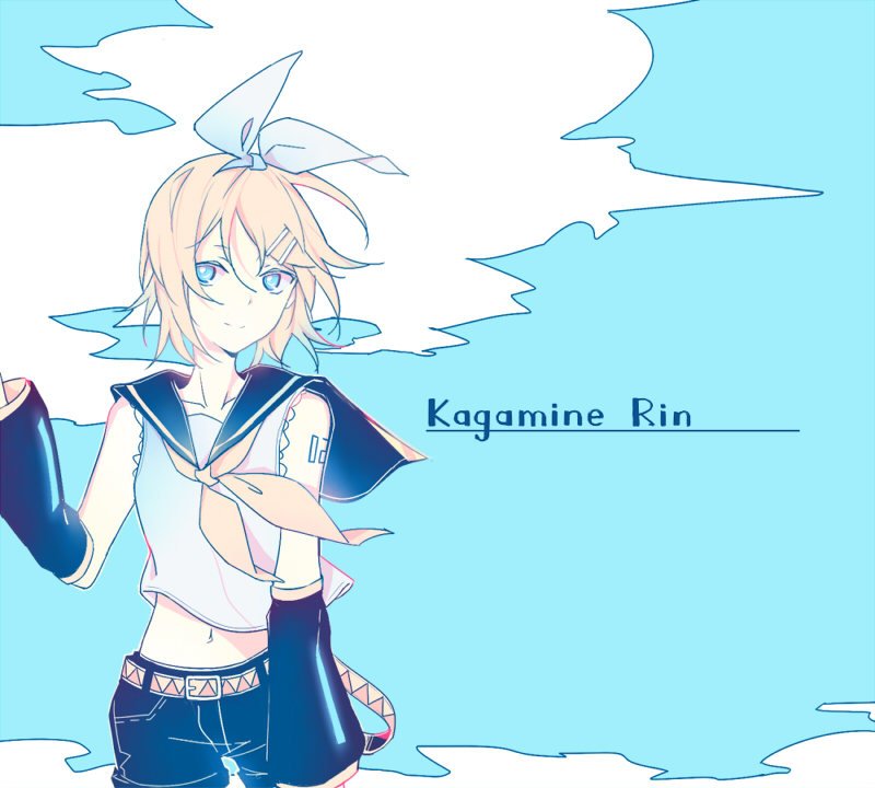 1girl blonde_hair blue_eyes blue_sky bow character_name clouds detached_sleeves hair_bow hair_ornament hairclip kagamine_rin limited_palette looking_at_viewer moa_(fade64222) number_tattoo sailor_collar shorts shoulder_tattoo sketch sky solo tattoo vocaloid
