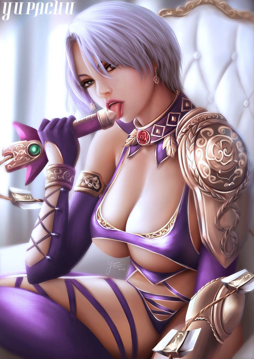 1girl armor breasts cleavage isabella_valentine large_breasts licking short_hair solo soul_calibur under_boob white_hair yupachu