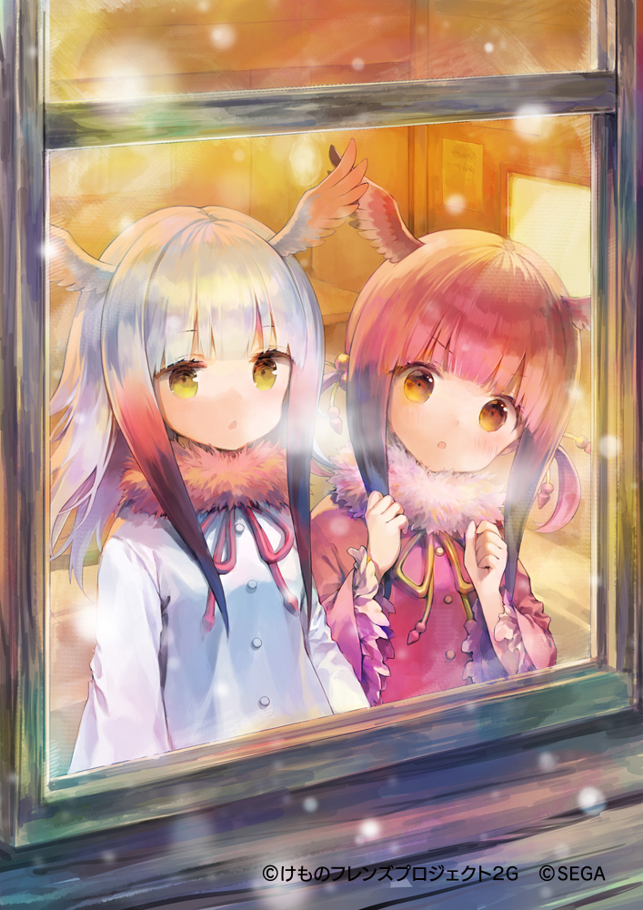 2girls 888myrrh888 bangs bird_girl bird_wings black_hair blush bow bowtie commentary_request eyebrows_visible_through_hair frilled_sleeves frills frost fur_collar head_wings japanese_crested_ibis_(kemono_friends) kemono_friends kemono_friends_3 long_hair long_sleeves multicolored_hair multiple_girls neck_ribbon official_art orange_eyes red_fur red_neckwear red_shirt redhead ribbon scarlet_ibis_(kemono_friends) shirt sidelocks snow snowing twintails white_hair white_shirt window wings yellow_eyes yellow_neckwear