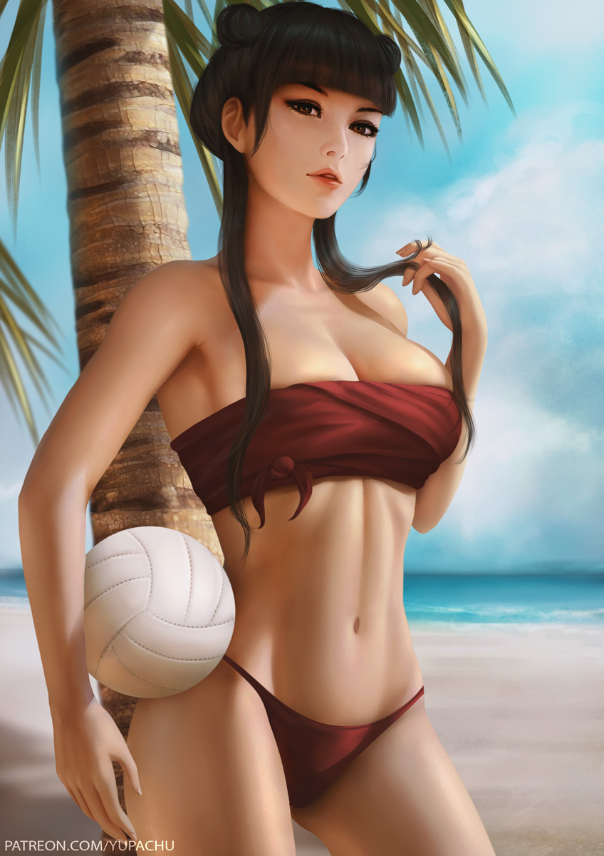1girl avatar:_the_last_airbender avatar_(series) bangs breasts cleavage looking_at_viewer mai_(avatar) navel volleyball yupachu