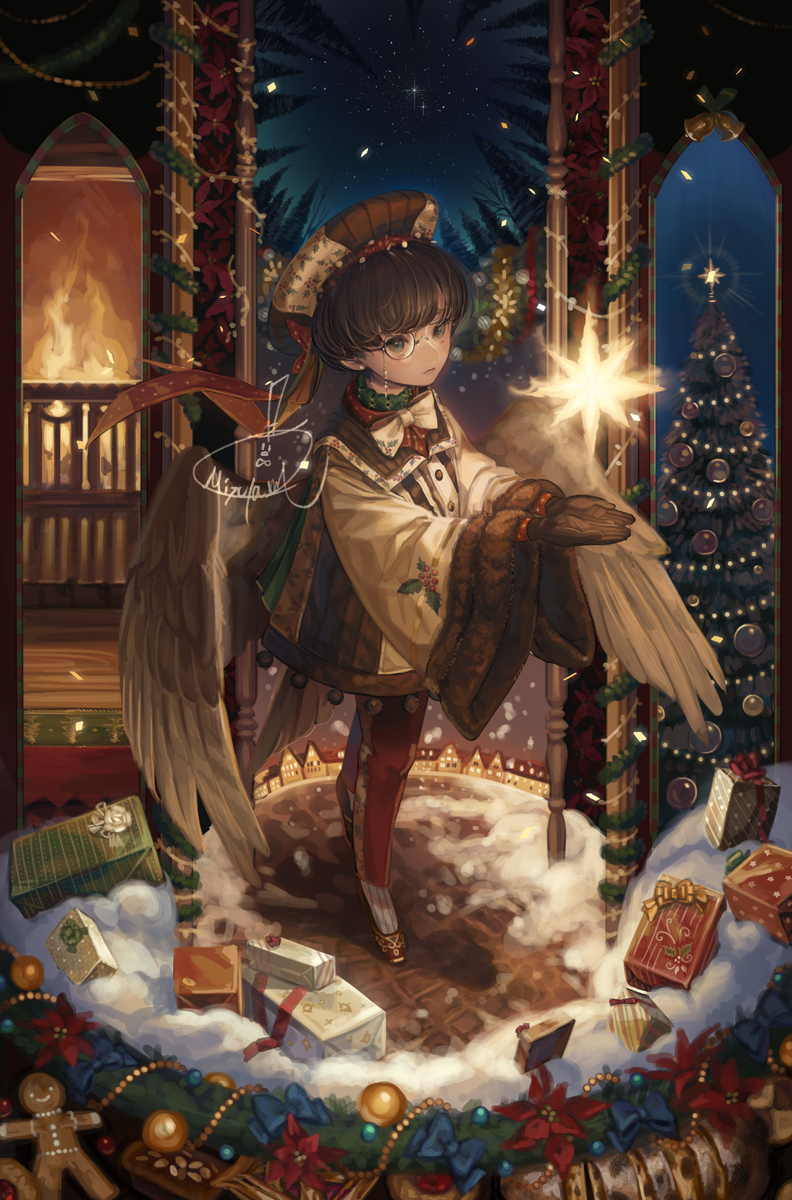 1boy artist_name brown_eyes brown_gloves brown_hair brown_headwear christmas christmas_tree coat fire fireplace gift gloves highres indoors mizutame_tori monocle original pince-nez short_hair snow standing wide_sleeves