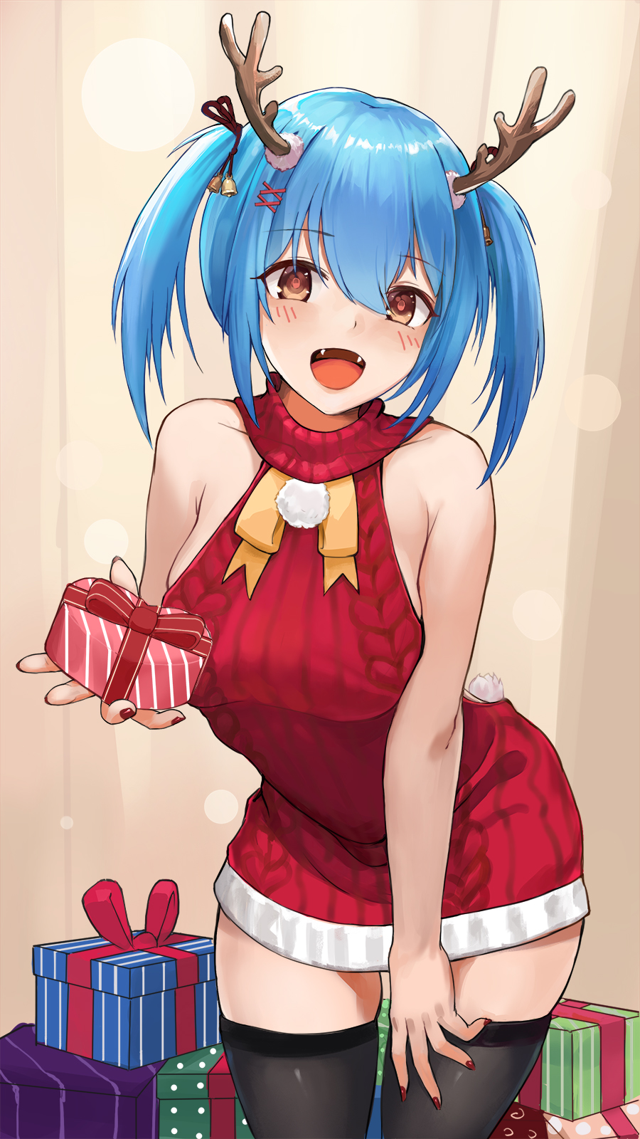 1girl :d antlers bell black_legwear blue_eyes blue_hair box breasts brown_eyes commentary eyebrows_visible_through_hair fangs gift gift_box hair_between_eyes hair_ornament heart-shaped_box highres holding holding_gift indoors jingle_bell large_breasts leaning_forward meme_attire nail_polish open_mouth original red_nails red_sweater shiny shiny_hair sideboob smile solo standing sweater tail thigh-highs twintails virgin_killer_sweater wuguno_ziran_juan x_hair_ornament