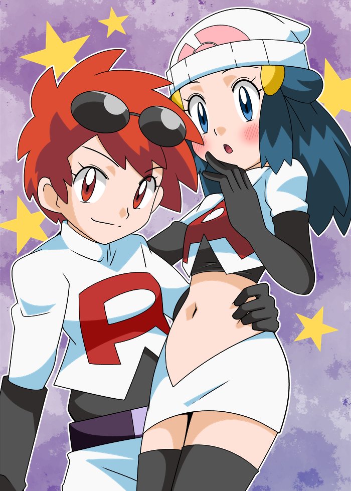 2girls beanie blue_eyes blue_hair blush breasts closed_mouth cosplay hikari_(pokemon) elbow_gloves gloves hainchu hair_ornament hat jessie_(pokemon) jessie_(pokemon)_(cosplay) long_hair looking_at_viewer midriff multiple_girls navel open_mouth pokemon pokemon_(anime) pokemon_dppt_(anime) red_eyes redhead short_hair skirt smile sunglasses team_rocket_uniform zoey_(pokemon)