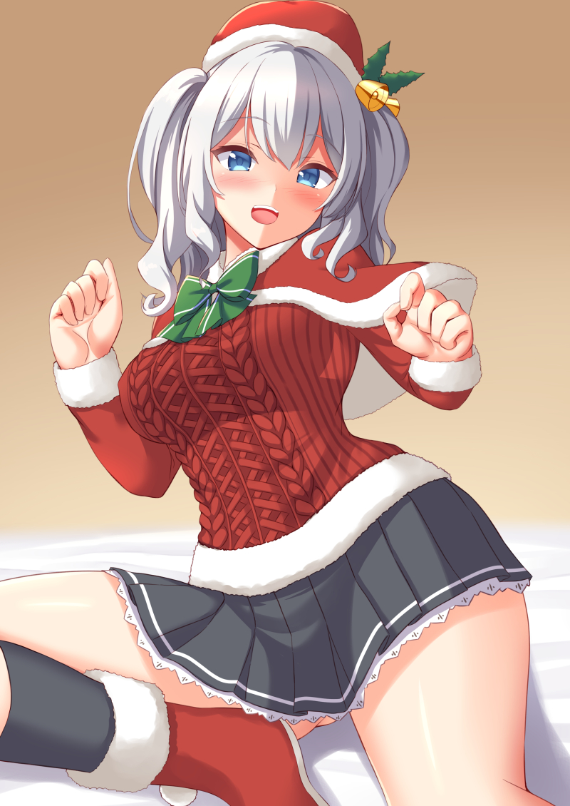 1girl black_skirt blue_eyes blush breasts capelet frilled_skirt frills fur-trimmed_capelet fur-trimmed_headwear fur_trim hat kantai_collection kashima_(kantai_collection) large_breasts long_sleeves miniskirt pleated_skirt red_capelet red_headwear red_sweater santa_costume santa_hat sidelocks silver_hair skirt solo sweater tokyo_yamane twintails wavy_hair