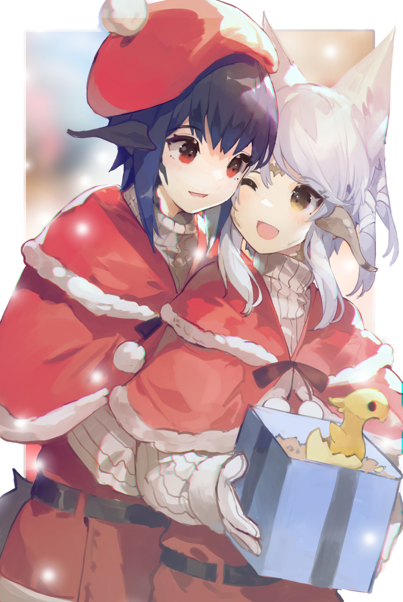 2girls :d ;d akizone au_ra bangs black_hair box brown_eyes brown_sweater capelet cheeze_(akizone) commentary dragon_horns english_commentary final_fantasy final_fantasy_xiv fur_trim gift gift_box happy hat highres holding horns hug hug_from_behind long_sleeves looking_at_another mole multiple_girls one_eye_closed open_box open_mouth original red_eyes red_headwear red_skirt renz_(rirene_rn) santa_costume santa_hat short_hair skirt smile sweater turtleneck turtleneck_sweater white_hair yuri