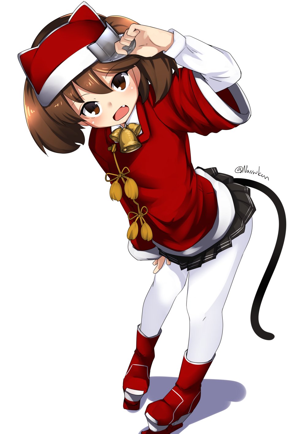 1girl animal_ears black_skirt boots brown_eyes brown_hair cat_ears cat_tail fang full_body fur-trimmed_shirt fur_trim highres japanese_clothes kantai_collection kariginu leaning_forward long_hair looking_at_viewer nassukun pantyhose pleated_skirt red_footwear red_shirt ryuujou_(kantai_collection) shirt simple_background skirt solo standing tail twintails twitter_username visor_cap white_background white_legwear