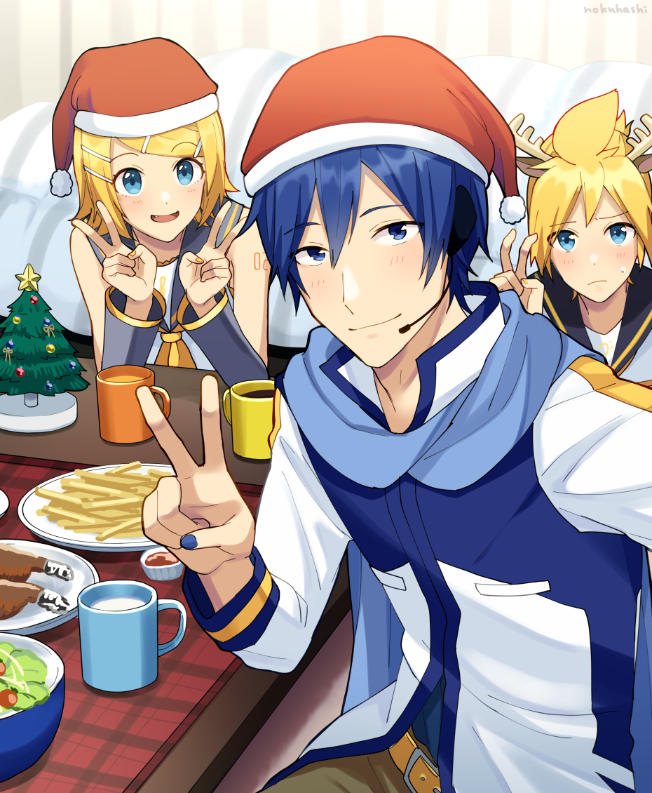 1girl 2boys animal_ears antlers arm_warmers bangs bare_shoulders bass_clef bird black_collar blonde_hair blue_eyes blue_hair blue_nails blue_scarf blush chabudai_(table) chicken christmas christmas_tree coat collar commentary cup deer_ears double_v food french_fries frown grey_collar grey_sleeves hair_ornament hairclip hat headphones headset indoors kagamine_len kagamine_rin kaito looking_at_viewer mug multiple_boys nail_polish neckerchief nokuhashi red_headwear reindeer_antlers salad santa_hat scarf shirt short_hair shoulder_tattoo sleeveless sleeveless_shirt smile spiky_hair sweat swept_bangs table tattoo treble_clef v vocaloid white_coat white_shirt yellow_neckwear