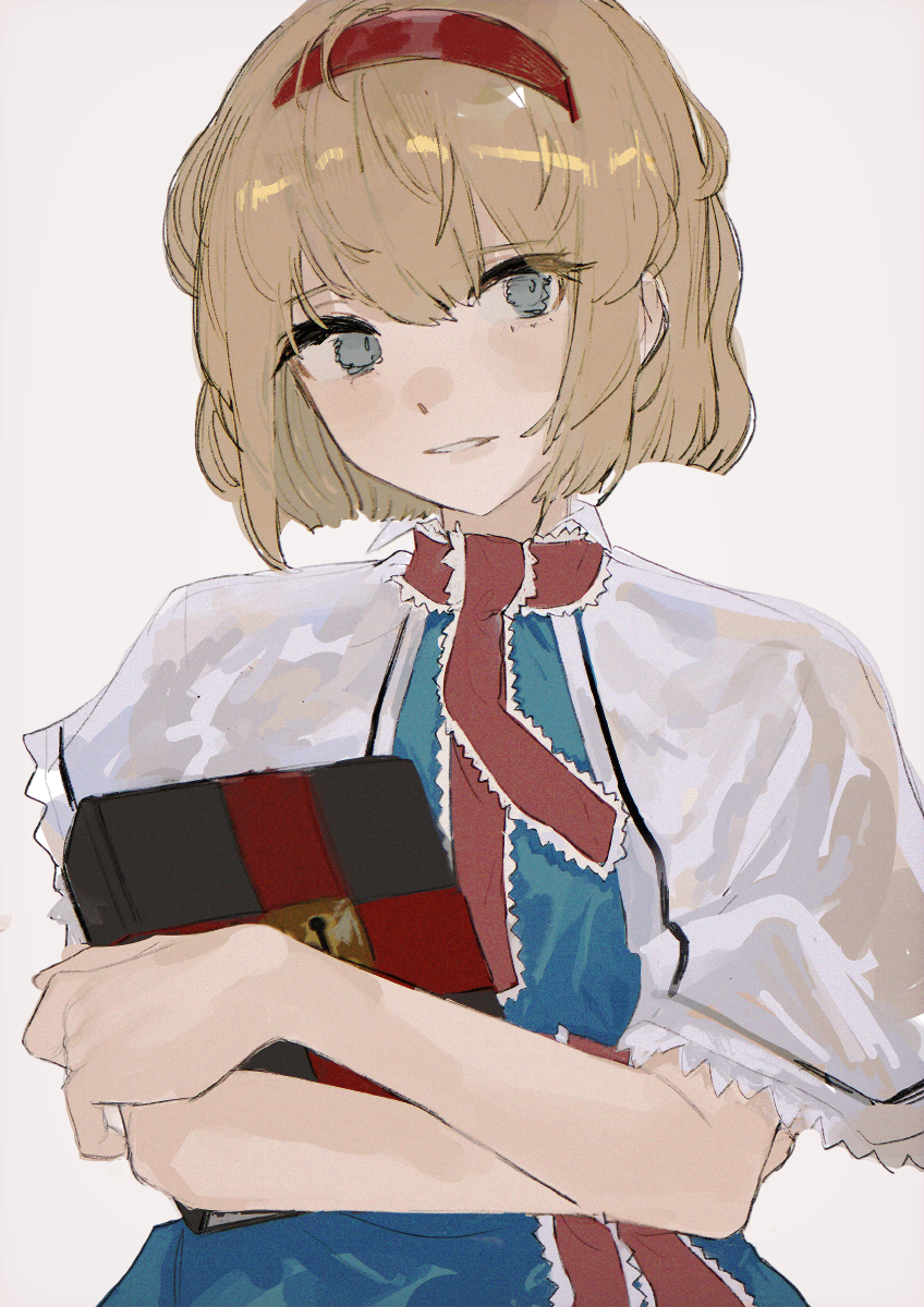 1girl alice_margatroid bangs blonde_hair blue_dress blue_eyes blush book capelet dress gotagotay grimoire_of_alice hair_between_eyes hairband head_tilt highres holding holding_book keyhole looking_to_the_side parted_lips red_hairband red_neckwear red_ribbon ribbon short_hair simple_background solo touhou upper_body white_background white_capelet