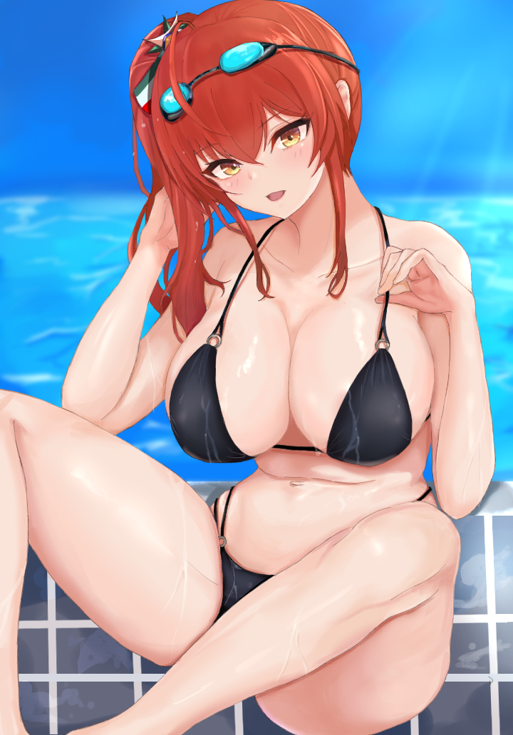 1girl ana_(vvvvor) azur_lane bikini black_bikini breasts feet_out_of_frame goggles goggles_on_head highleg highleg_bikini italian_flag long_hair looking_at_viewer multi-strapped_bikini o-ring o-ring_bikini poolside redhead side_ponytail solo strap_pull swimsuit wet yellow_eyes zara_(azur_lane) zara_(poolside_coincidence)_(azur_lane)