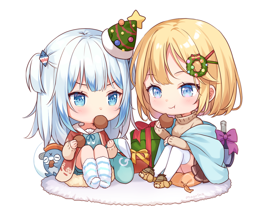 2girls :t animal_slippers bangs blonde_hair bloop_(gawr_gura) blue_eyes blue_hair blue_shorts bow box brown_footwear brown_jacket brown_skirt brown_sweater chibi christmas_tree_hat christmas_wreath closed_mouth eating eyebrows_visible_through_hair food food_in_mouth gawr_gura gift gift_box green_headwear hair_ornament hairclip hat holding holding_food hololive hololive_english jacket knees_up long_sleeves mini_hat moorina mouth_hold multicolored_hair multiple_girls no_shoes open_clothes open_jacket pleated_skirt purple_bow short_shorts shorts simple_background sitting skirt sleeves_past_wrists slippers socks star_(symbol) streaked_hair striped striped_legwear sweater tilted_headwear turtleneck turtleneck_sweater two_side_up v-shaped_eyebrows virtual_youtuber watson_amelia white_background white_hair