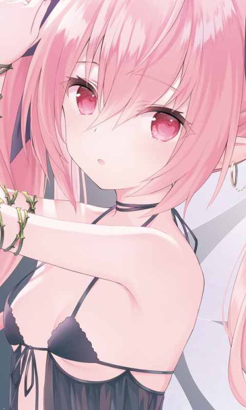 1girl armpits arms_up babydoll bare_shoulders breasts choker close-up earrings front-tie_top hair_between_eyes jewelry kanora lingerie long_hair looking_at_viewer medium_breasts original parted_lips pink_hair plant pointy_ears red_eyes sidelocks small_breasts solo spaghetti_strap strap_gap underwear upper_body vines