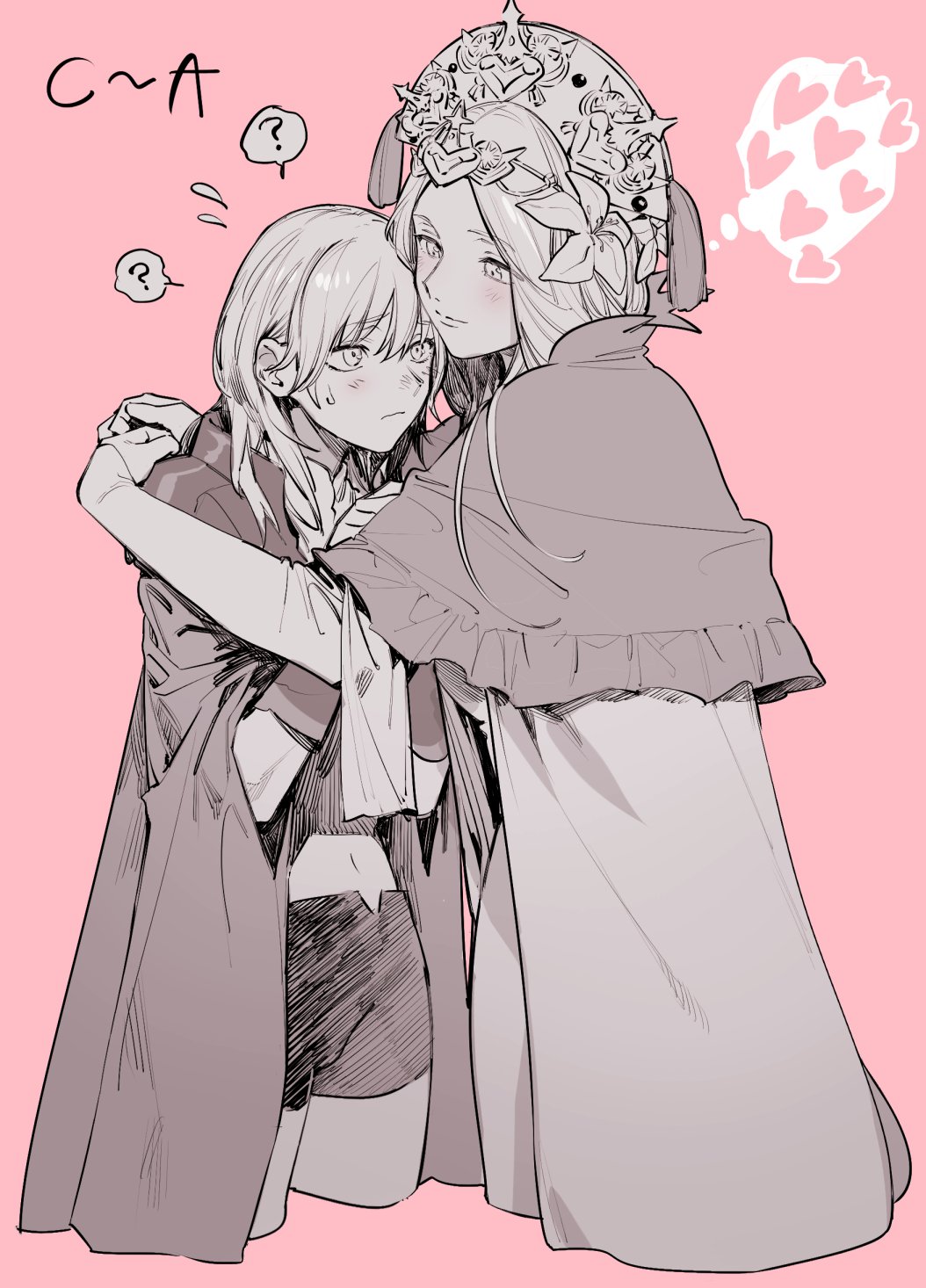 2girls ? bangs blush byleth_(fire_emblem) byleth_eisner_(female) cape capelet closed_mouth crown fire_emblem fire_emblem:_three_houses flower flying_sweatdrops greyscale hair_flower hair_ornament heart highres hug ikarin long_hair long_sleeves midriff monochrome multiple_girls navel pink_background rhea_(fire_emblem) shorts simple_background smile spoken_question_mark sweat yuri