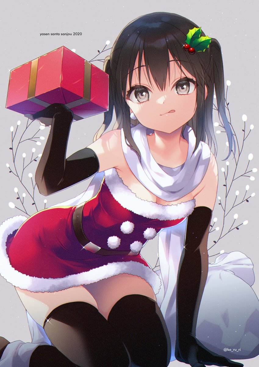 1girl all_fours alternate_costume arm_up bangs bare_shoulders belt black_belt black_gloves black_hair black_legwear box breasts brown_eyes christmas closed_mouth dress elbow_gloves eyebrows_visible_through_hair fur-trimmed_dress fur_trim gift gift_box gloves grey_background hair_between_eyes hair_ornament highres holding holding_gift kantai_collection koruri licking_lips looking_at_viewer pom_pom_(clothes) red_dress sack santa_costume scarf sendai_(kantai_collection) short_hair sidelocks solo strapless strapless_dress thigh-highs thighs tongue tongue_out twitter_username two_side_up white_scarf