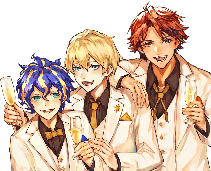 3boys ahoge alcohol astel_leda bangs blonde_hair blue_eyes blue_hair bow bowtie champagne champagne_flute collar collared_shirt cup dress_shirt drinking_glass fangs formal green_eyes hair_between_eyes handkerchief heterochromia hoja_(hoja1214) holding holding_cup holostars jacket kishido_temma lapel lapel_pin long_sleeves looking_at_viewer male_focus multicolored_hair multiple_boys necktie open_mouth redhead shirt short_hair smile suit suntempo teeth tongue transparent_background upper_body vest virtual_youtuber white_jacket white_vest yellow_bow yellow_neckwear yukoku_roberu