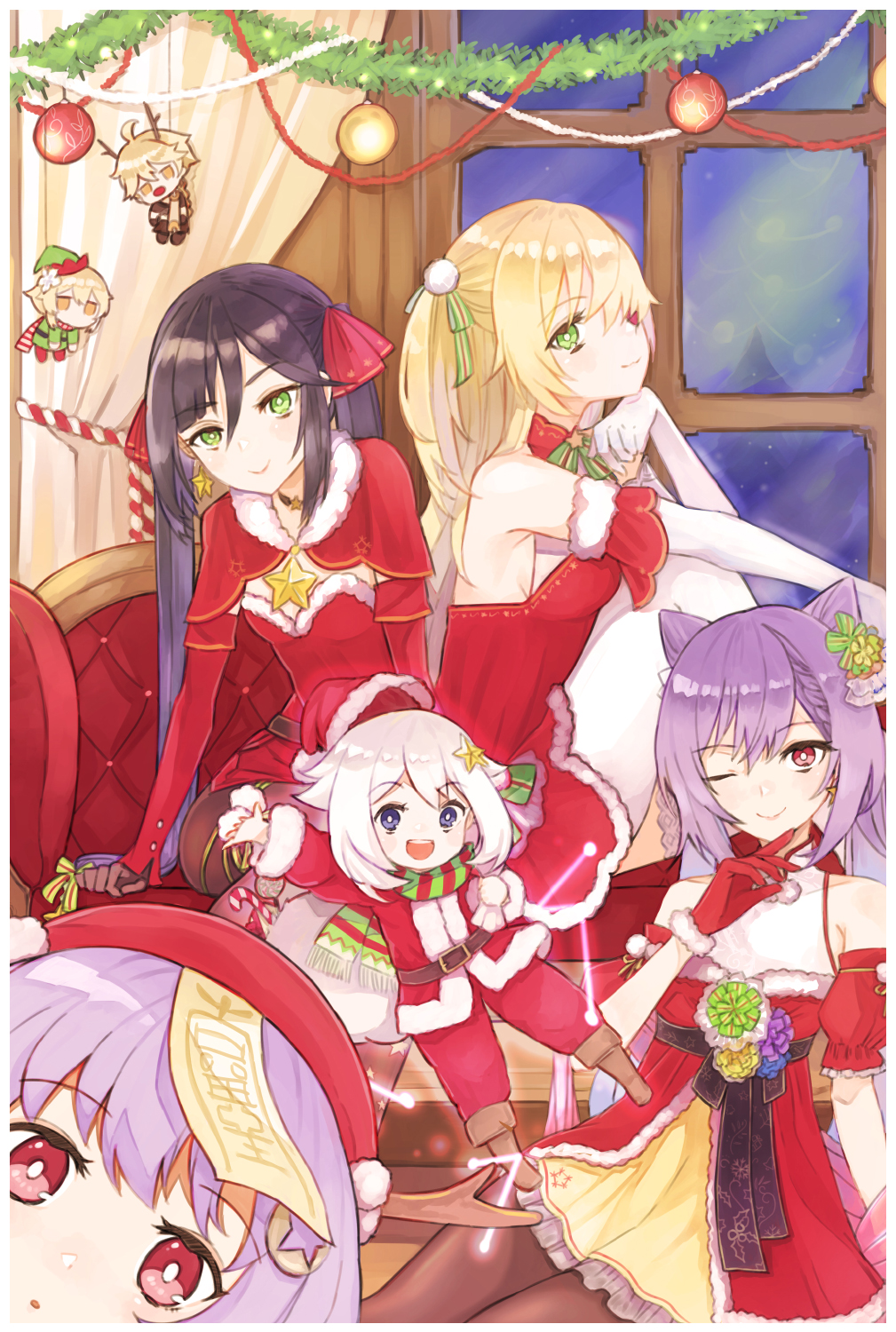 1boy 6girls aether_(genshin_impact) bare_shoulders blonde_hair blue_eyes breasts candy candy_cane chair christmas christmas_ornaments curtains fischl_(genshin_impact) food genshin_impact green_eyes hat highres keqing_(genshin_impact) long_hair mona_(genshin_impact) multiple_boys multiple_girls one_eye_closed paimon_(genshin_impact) purple_hair qiqi santa_costume santa_hat shadow2810 short_hair sideboob sitting smile twintails violet_eyes white_hair window