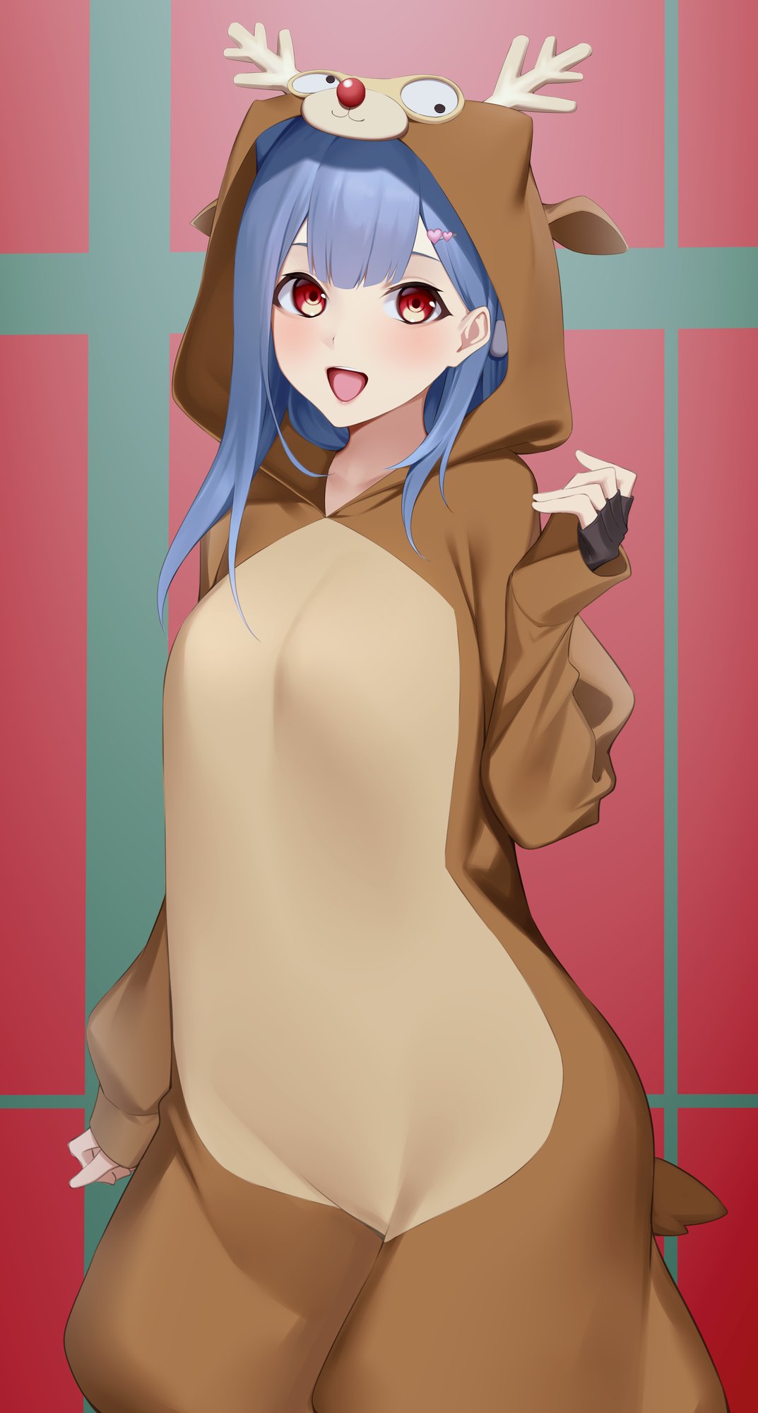 1girl :d animal_costume animal_ears animal_hood bangs black_gloves blue_hair character_request commentary_request copyright_request deer_tail fake_antlers fake_tail fingerless_gloves gloves hand_up highres hood hood_up kuen_(kuennn12) long_hair long_sleeves looking_at_viewer open_mouth plivyou red_eyes red_nose reindeer_costume shikai_yue smile solo tail upper_teeth virtual_youtuber