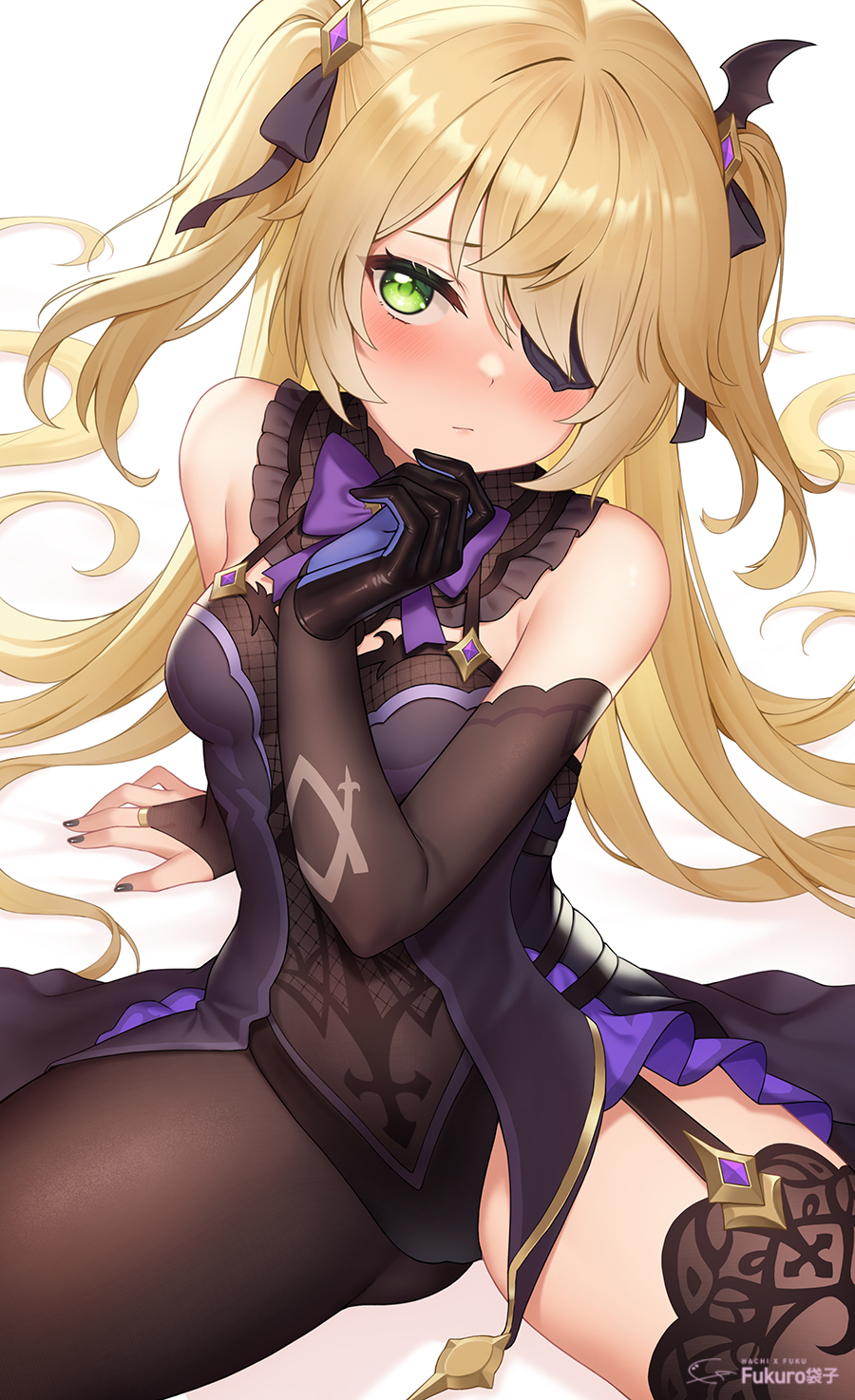 1girl ass_visible_through_thighs bare_shoulders black_dress black_gloves blonde_hair blush breasts brown_legwear detached_sleeves dress eyepatch fischl_(genshin_impact) frills fukuro_ko_(greentea) garter_straps genshin_impact gloves green_eyes hair_over_one_eye hair_ribbon highres long_hair long_sleeves looking_at_viewer revealing_clothes ribbon simple_background single_glove single_leg_pantyhose single_thighhigh small_breasts solo spread_legs thigh-highs thighs two_side_up white_background