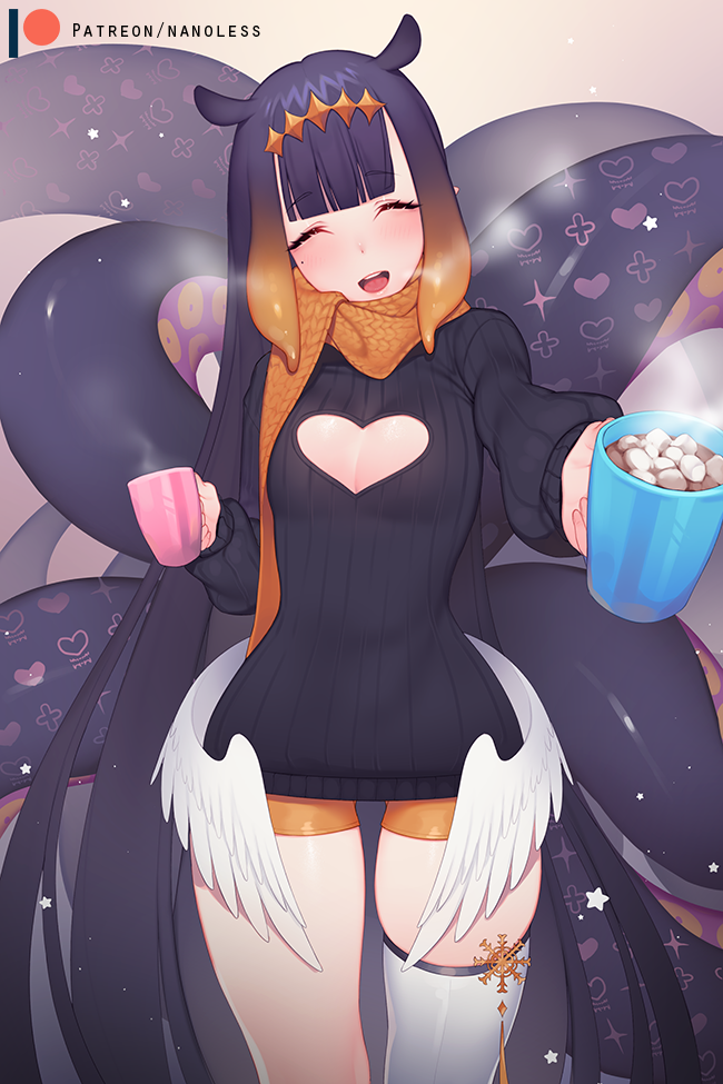 1girl bangs black_dress black_sweater blunt_bangs blush breasts breath closed_eyes clothing_cutout cowboy_shot cup dress facing_viewer food gradient_hair head_tilt heart_cutout holding holding_cup hololive hololive_english long_hair long_sleeves marshmallow mole mole_under_eye mug multicolored_hair nanoless ninomae_ina'nis offering open_mouth orange_hair orange_scarf pointy_ears ribbed_sweater scarf single_thighhigh skindentation small_breasts solo sweater sweater_dress tentacle_hair tentacles thigh-highs thighs very_long_hair virtual_youtuber white_legwear wings