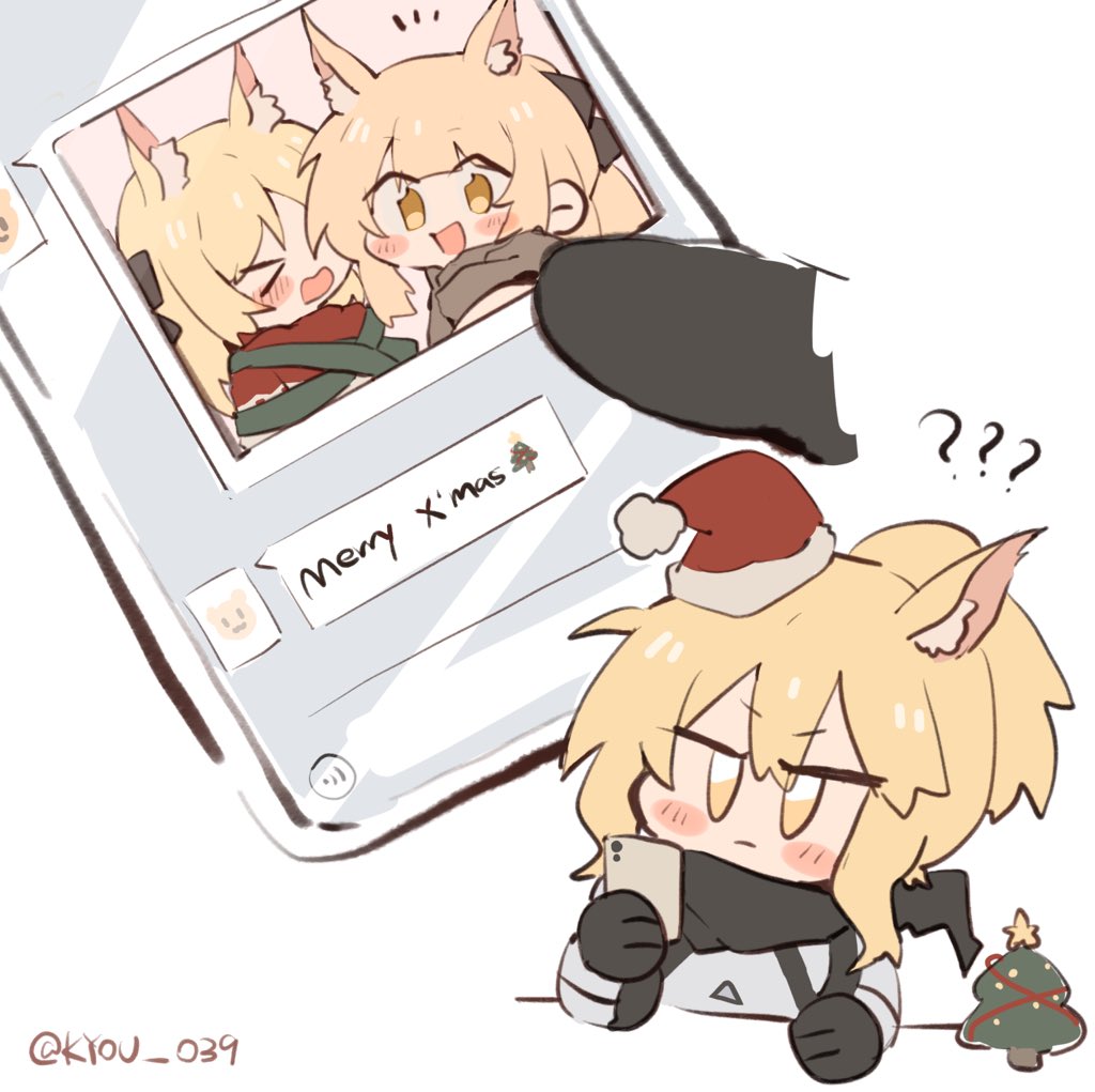 3girls ?? animal_ears arknights armor aunt_and_niece blemishine_(arknights) blonde_hair blush cellphone christmas_tree emoji english_text green_ribbon hat holding holding_phone horse_ears kyou_039 merry_christmas multiple_girls nearl_(arknights) phone ponytail ribbon santa_hat siblings sisters smartphone smile text_messaging twitter_username v-shaped_eyebrows whislash_(arknights) yellow_eyes