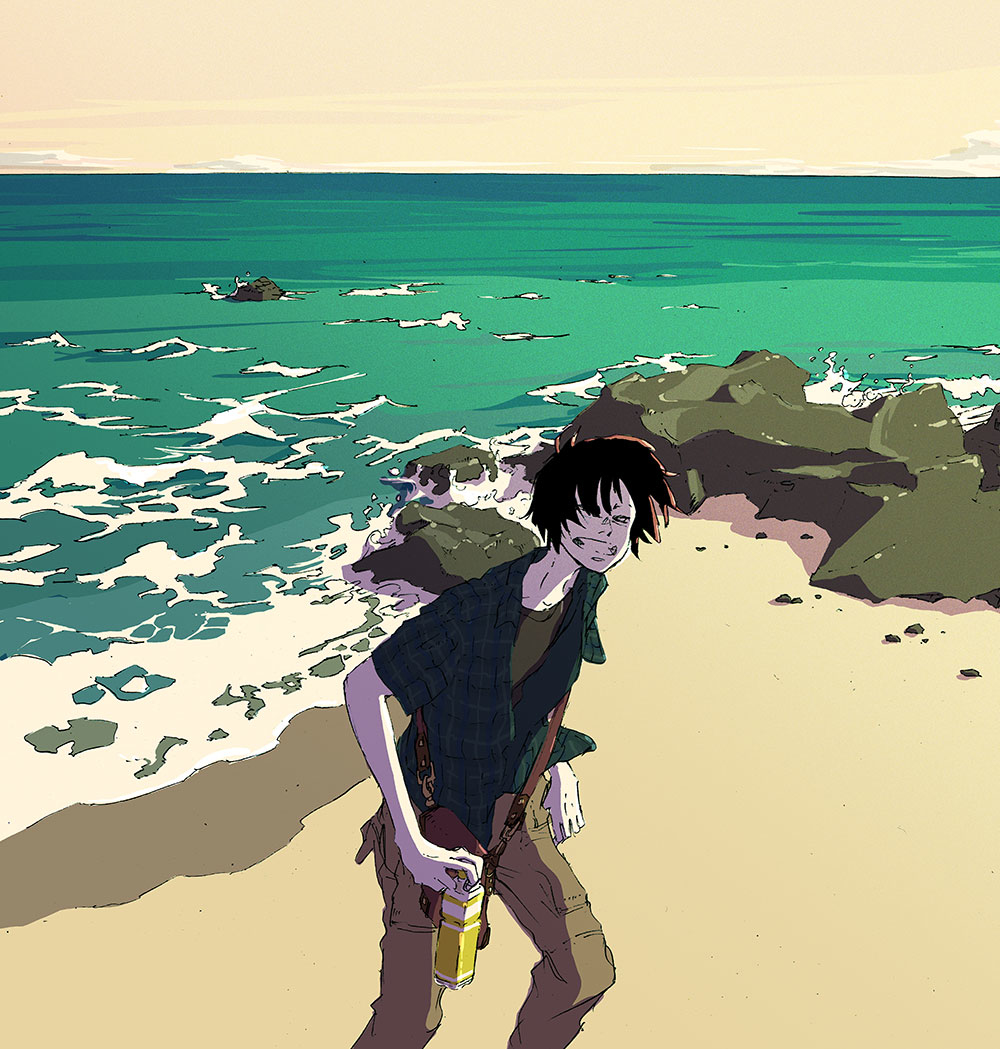 1boy bag beach black_hair bottle flat_color holding holding_bottle kawano looking_at_viewer ocean open_clothes open_shirt original plaid rock sand scenery short_hair solo teeth water waves