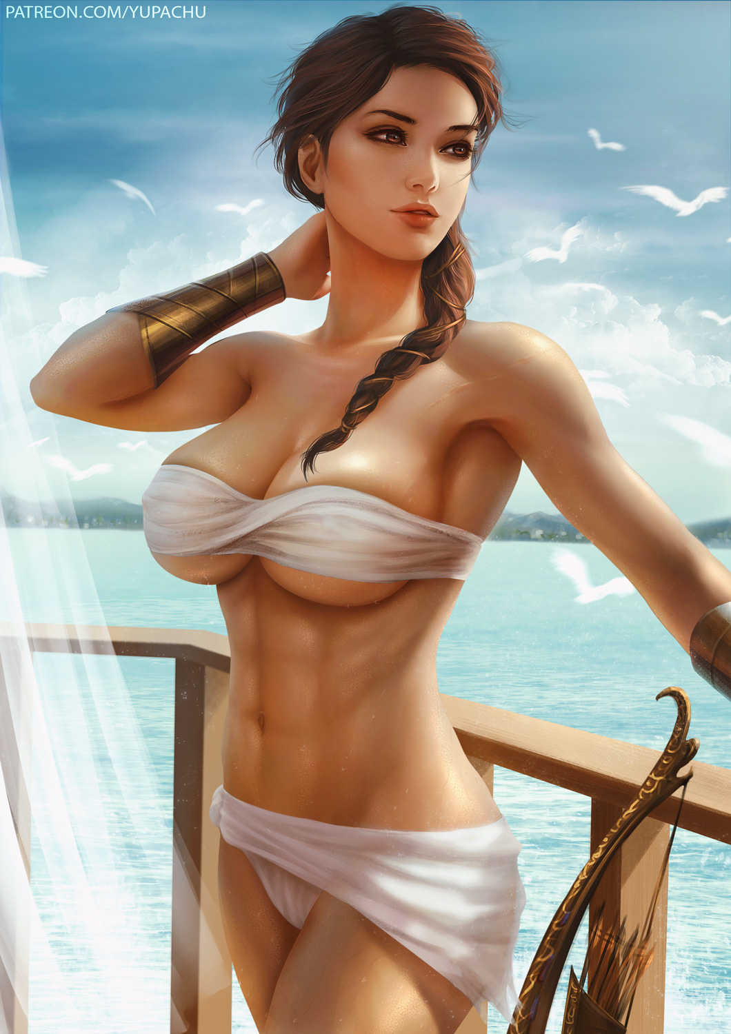 1girl abs artist_name assassin's_creed breasts cleavage kassandra_of_sparta large_breasts navel under_boob yupachu