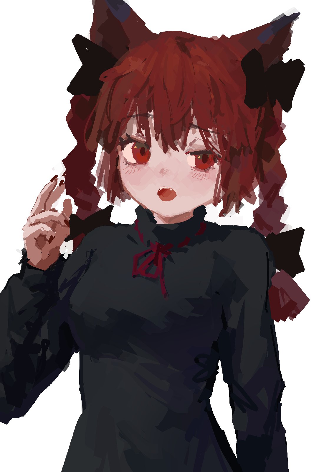 1girl animal_ears bangs black_bow black_dress bow braid cat_ears dress eyebrows_visible_through_hair hair_bow hair_ribbon hand_up highres kaenbyou_rin long_hair looking_to_the_side neck_ribbon open_mouth red_eyes red_nails red_neckwear red_ribbon reddizen redhead ribbon simple_background solo standing touhou tress_ribbon twin_braids upper_body white_background