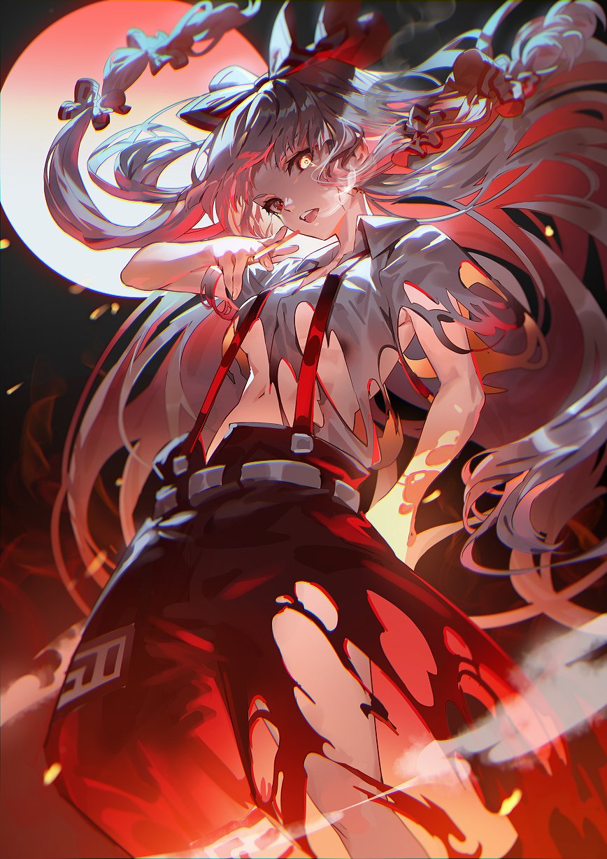 1girl bangs bow breasts burnt_clothes cigarette collared_shirt eyebrows_behind_hair feet_out_of_frame fire floating_hair from_below fujiwara_no_mokou full_moon hair_bow hand_in_pocket highres holding holding_cigarette index_finger_raised long_hair looking_at_viewer moon navel night night_sky ofuda_on_clothes open_mouth pants pointing red_eyes red_pants shirt short_sleeves sky small_breasts smoke smoking solo standing suspenders torn_clothes touhou under_boob upper_teeth uu_uu_zan very_long_hair white_hair white_shirt