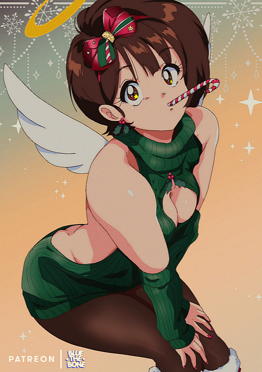 1girl angel_wings arm_warmers artist_logo artist_name artist_self-insert backless_dress backless_outfit bangs bare_back bare_shoulders black_legwear bluethebone bluethebone_(character) boots bow breasts brown_eyes brown_hair candy candy_cane cleavage_cutout clothing_cutout commentary dress earrings english_commentary eyebrows_visible_through_hair food fur-trimmed_boots fur_trim green_dress green_sweater hair_bow halo hands_on_own_knees highres holly holly_earrings jewelry leaning_forward looking_at_viewer medium_breasts meme_attire mouth_hold original pantyhose retro_artstyle short_hair solo star_(symbol) star_in_eye sweater sweater_dress symbol_in_eye turtleneck turtleneck_sweater virgin_killer_sweater wings