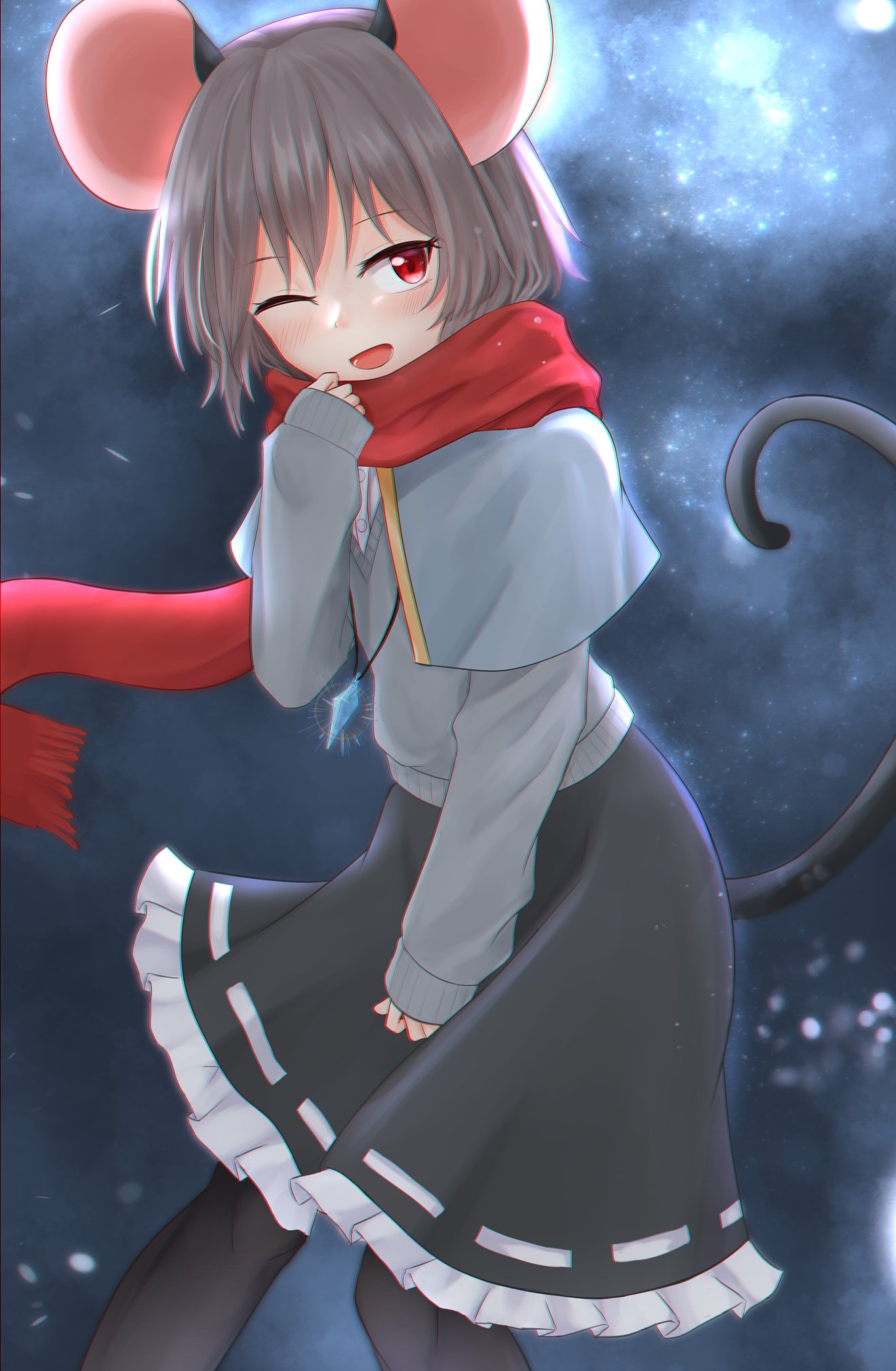 1girl ;d animal_ears black_legwear black_skirt blue_capelet blush capelet commentary_request dakuazu flat_chest grey_hair grey_sweater hand_to_own_mouth highres jewelry looking_to_the_side mouse_ears mouse_tail nazrin night night_sky one_eye_closed open_mouth pantyhose pendant red_eyes red_scarf scarf short_hair skirt sky sleeves_past_wrists smile snowing solo standing star_(sky) starry_sky sweater tail touhou