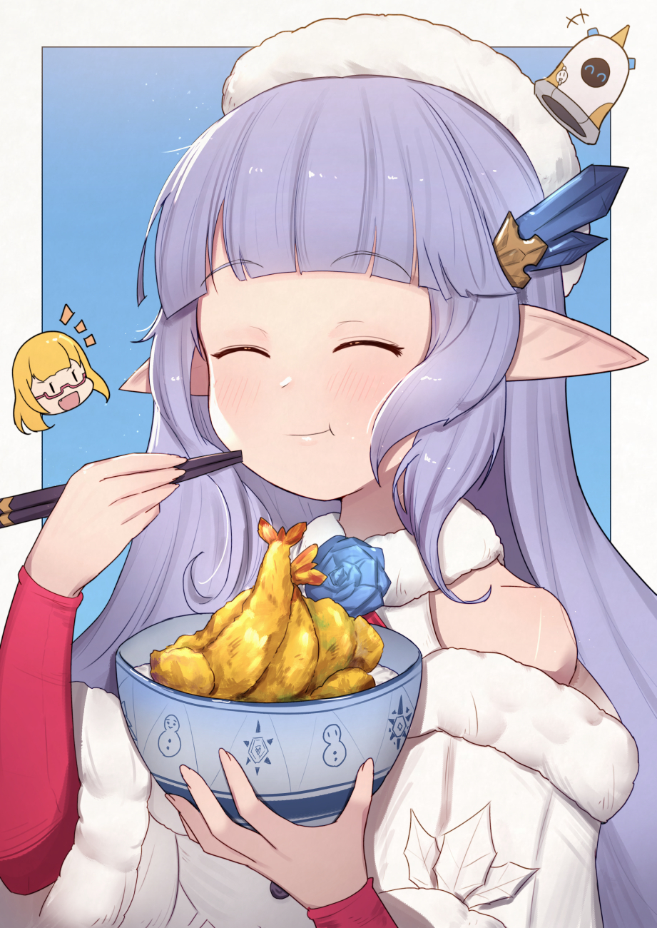 +++ 2girls :t ^_^ bangs bare_shoulders blonde_hair blue_flower blue_rose blush bowl character_request chibi chibi_inset chopsticks closed_eyes closed_mouth commentary_request dress eating eyebrows_visible_through_hair flower food fur-trimmed_sleeves fur_trim glasses granblue_fantasy hair_ornament hand_up highres holding holding_bowl holding_chopsticks lily_(granblue_fantasy) long_hair long_sleeves multiple_girls notice_lines pointy_ears purple_hair red-framed_eyewear rose semi-rimless_eyewear short_sleeves shrimp shrimp_tempura solo_focus tempura under-rim_eyewear uneg white_dress wide_sleeves