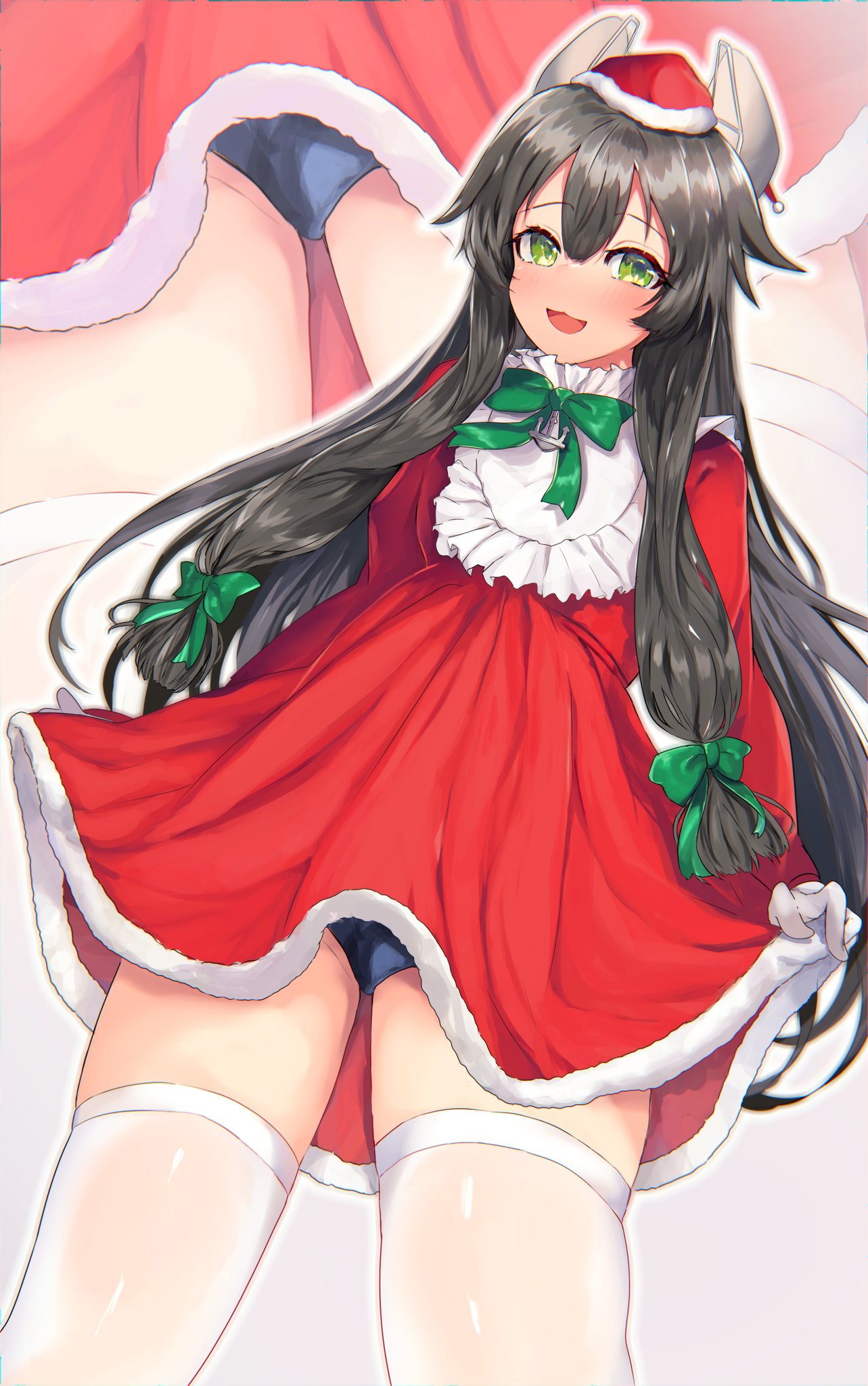1girl black_hair blue_swimsuit commentary_request dress from_below fur-trimmed_dress fur-trimmed_headwear fur_trim green_eyes hair_ribbon hat headgear highres i-47_(kantai_collection) kantai_collection long_hair looking_at_viewer low-tied_long_hair miyako_(00727aomiyako) official_alternate_costume red_dress red_headwear ribbon santa_hat school_uniform sidelocks solo swimsuit swimsuit_under_clothes thigh-highs tress_ribbon white_legwear zoom_layer