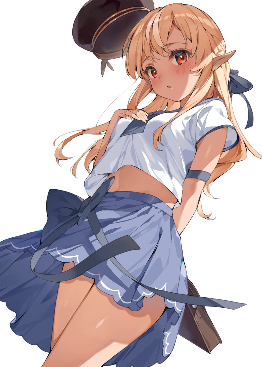 1girl alternate_costume alternate_hairstyle arm_behind_back bag bare_legs black_headwear blonde_hair blue_bow blue_neckwear blue_skirt blush bookbag bow breasts commentary cowboy_shot crop_top crop_top_overhang dark_skin dark-skinned_female eyebrows_visible_through_hair hair_bow hana_mori hand_on_own_chest hat highres hololive hololive_english long_hair looking_at_viewer medium_breasts midriff miniskirt multicolored_hair navel open_mouth pointy_ears red_eyes school_uniform serafuku shiranui_flare shirt short_sleeves simple_background skirt solo streaked_hair thighs two-tone_hair virtual_youtuber white_background white_hair white_shirt