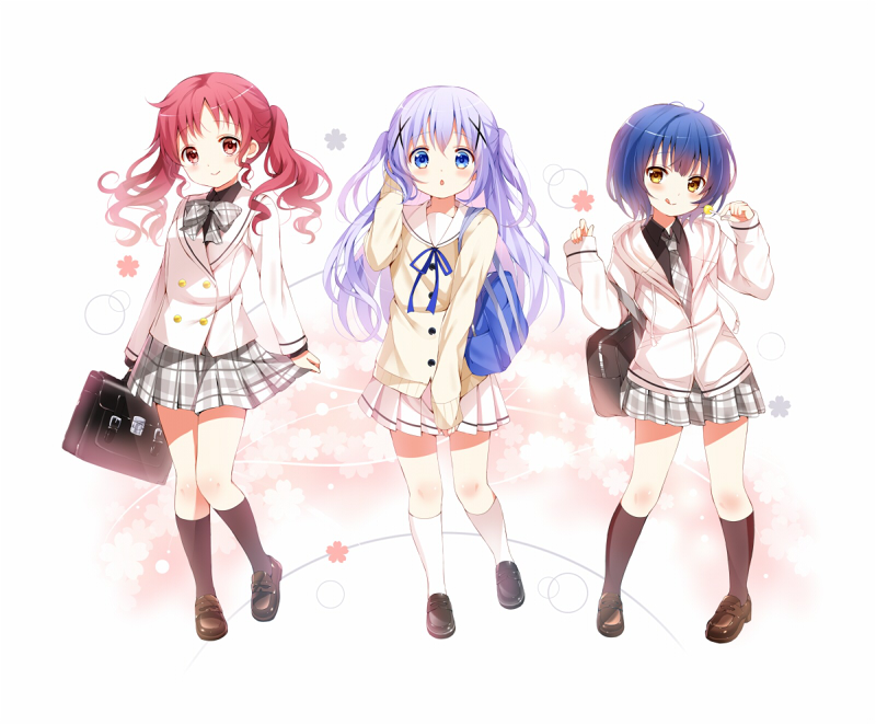 :q bag black_legwear blue_eyes blue_hair brown_footwear chimame-tai commentary_request full_body gochuumon_wa_usagi_desu_ka? grey_neckwear grey_skirt hair_ornament hoto_cocoa's_school_uniform jouga_maya kafuu_chino koi_(koisan) long_hair long_sleeves looking_at_viewer natsu_megumi necktie official_art plaid plaid_neckwear plaid_skirt pleated_skirt red_eyes redhead school_bag school_uniform shoes short_hair shoulder_bag simple_background skirt sleeves_past_wrists smile socks tedeza_rize's_school_uniform tongue tongue_out twintails two_side_up white_background white_legwear white_skirt x_hair_ornament yellow_eyes