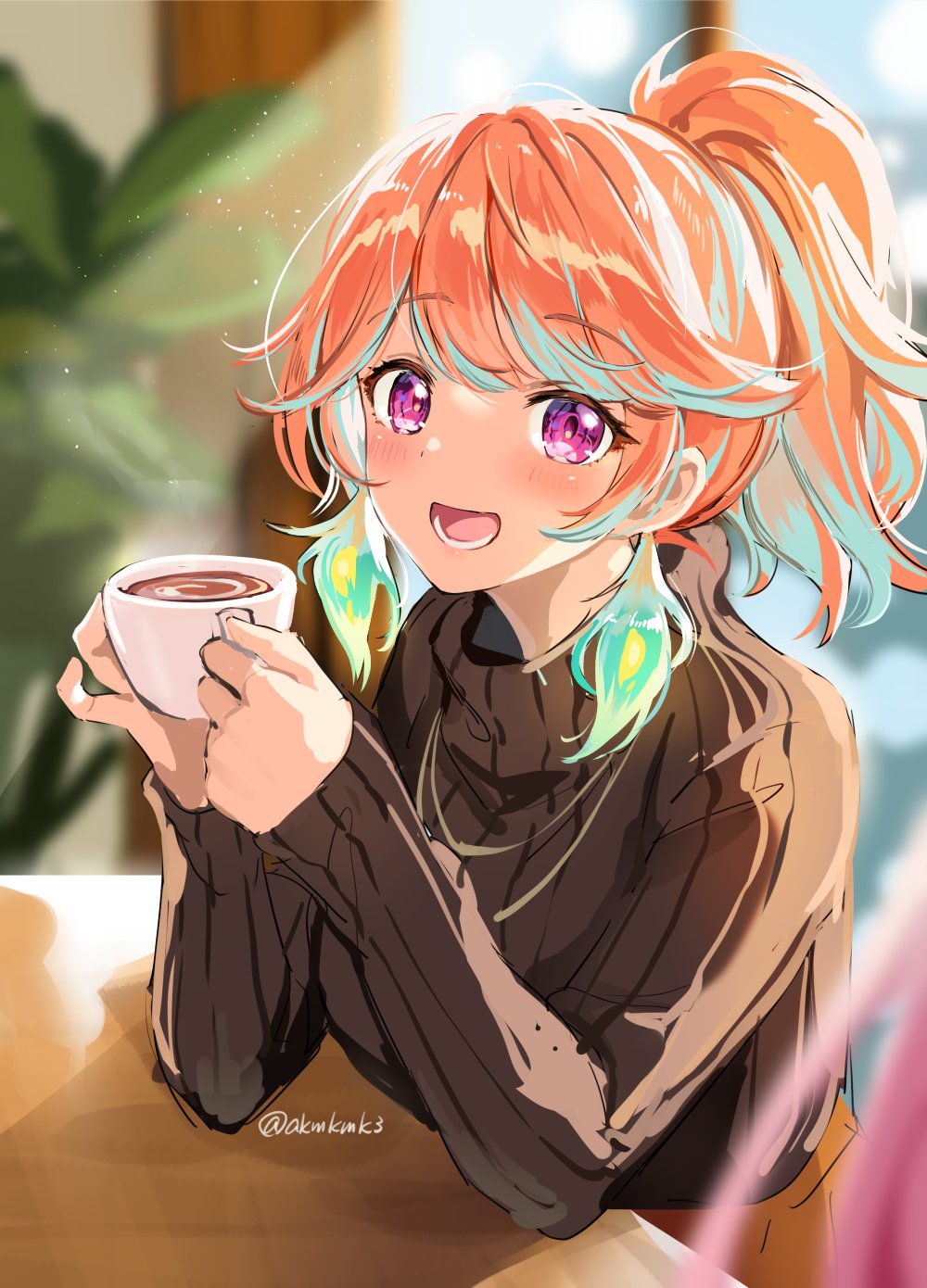 1girl alternate_hairstyle aqua_hair blush casual coffee commentary cup curcumin earrings feather_earrings feathers highres holding holding_cup hololive hololive_english indoors jewelry looking_at_another multicolored_hair open_mouth orange_hair pink_hair plant ponytail smile sweater takanashi_kiara turtleneck turtleneck_sweater twitter_username two-tone_hair upper_body violet_eyes virtual_youtuber