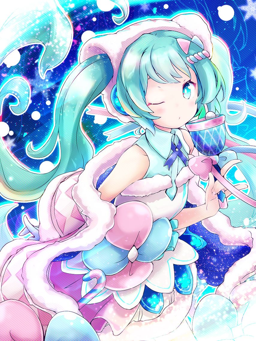 1girl akino_coto aqua_eyes aqua_hair bare_shoulders bell bow commentary dress dress_bow fur-trimmed_dress fur-trimmed_headwear fur-trimmed_sleeves fur_trim hair_ornament hatsune_miku headphones holding holding_bell long_hair looking_at_viewer magical_mirai_(vocaloid) one_eye_closed twintails upper_body very_long_hair vocaloid