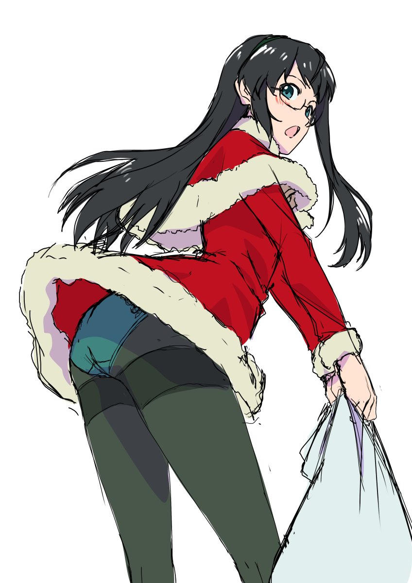 1girl alternate_costume black-framed_eyewear black_hair black_legwear capelet commentary_request dress feet_out_of_frame frilled_dress frills fur-trimmed_capelet fur-trimmed_dress fur_trim green_eyes green_panties hairband highres kantai_collection long_hair mikan_29344886 ooyodo_(kantai_collection) panties panties_under_pantyhose pantyhose red_capelet red_dress semi-rimless_eyewear solo thighband_pantyhose under-rim_eyewear underwear white_hairband