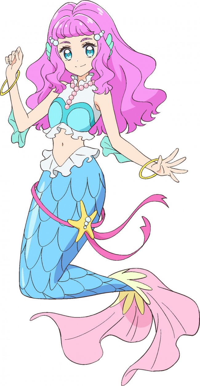 1girl bare_arms blue_eyes bracelet closed_mouth crop_top frills full_body hair_ornament highres jewelry laura_la_mer long_hair looking_at_viewer mermaid monster_girl nakatani_yukiko official_art pink_hair pink_ribbon precure ribbon simple_background smile solo starfish thick_eyebrows tropical-rouge!_precure wavy_hair white_background