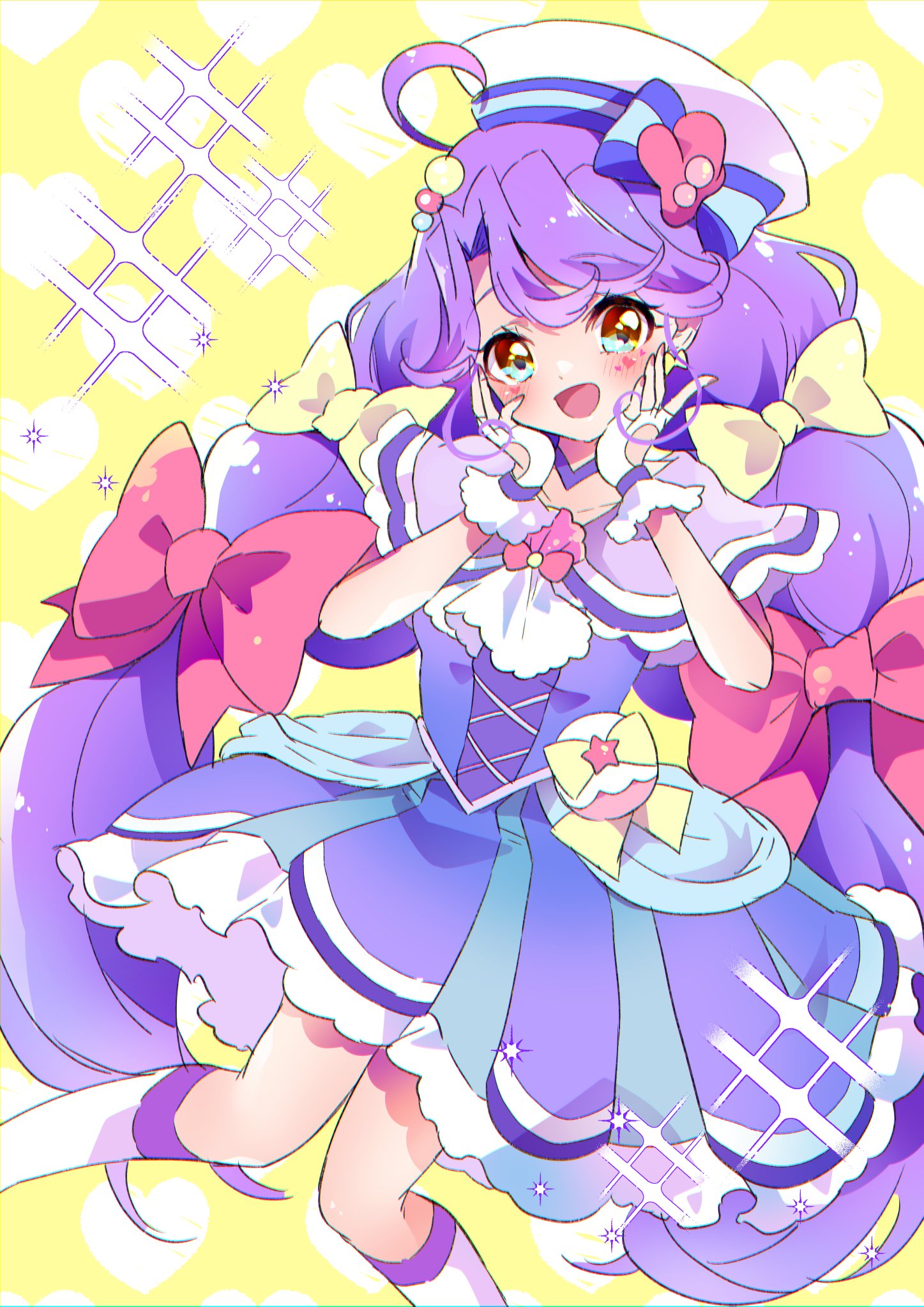 ahoge bangs big_hair blush bow cure_coral dress fingerless_gloves frilled_skirt frills gloves green_eyes hat hat_bow heart highres long_hair looking_at_viewer magical_girl mikorin nail_polish open_mouth pink_bow precure purple_dress purple_hair sailor_hat skirt smile striped striped_bow suzumura_sango symbol_in_eye tropical-rouge!_precure very_long_hair white_gloves white_legwear yellow_bow