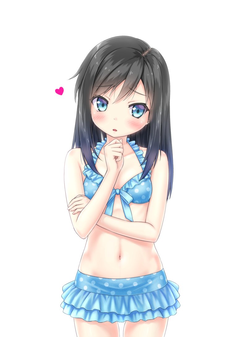 1girl asashio_(kantai_collection) bare_shoulders bikini bikini_skirt black_hair blue_bikini blue_eyes blush collarbone frilled_bikini frills front-tie_bikini front-tie_top gotou_hisashi kantai_collection kantoku_(style) long_hair navel open_mouth polka_dot polka_dot_bikini solo swimsuit