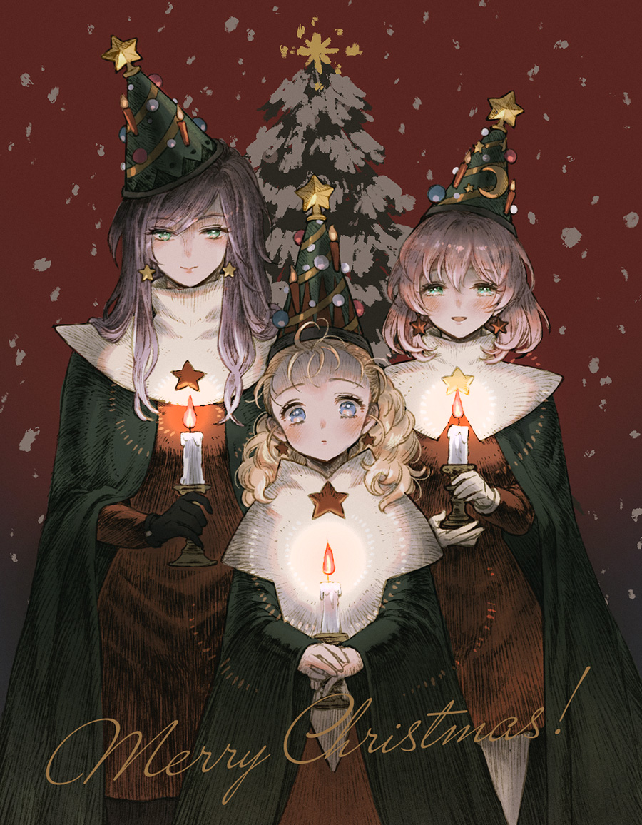 3girls blonde_hair blush candle candlelight candlestand christmas christmas_ornaments christmas_tree cloak earrings english_text faris_scherwiz final_fantasy final_fantasy_v gloves hair_between_eyes jewelry krile_mayer_baldesion lenna_charlotte_tycoon looking_at_viewer moon_(ornament) multiple_girls pink_hair pointy_hat purple_hair red_background robe siblings sisters snow snowing star_(symbol) takatora time_mage